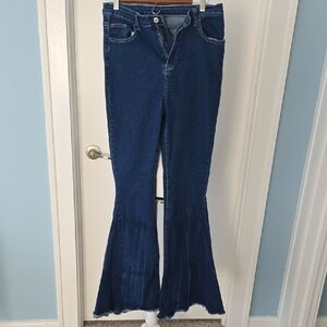Shein Women's Flared Bell Bottom Highwaisted Dark Blue Jeans 10Tall Raw Hem Y2k